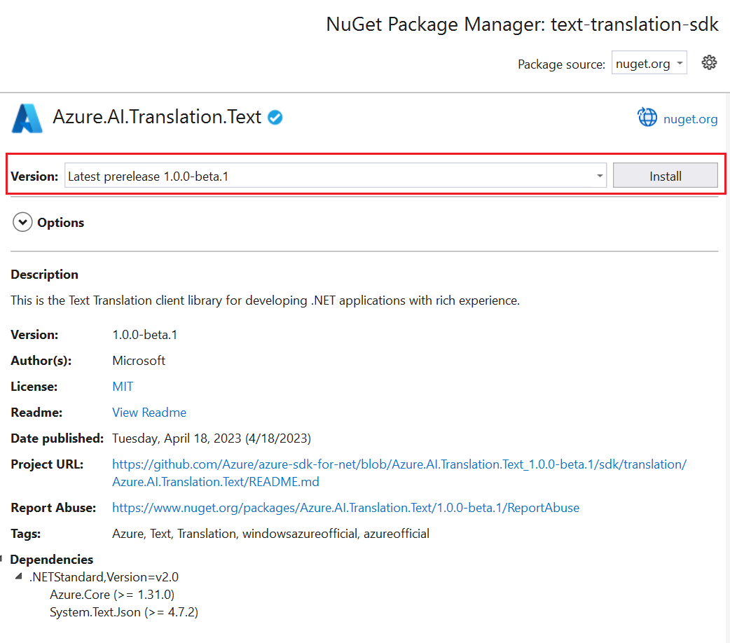 Visual Studio에서 '시험판' NuGet 패키지 설치 스크린샷.