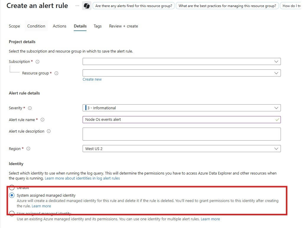 시스템 할당 관리 ID를 할당하기 위한 선택 항목을 보여 주는 스크린샷