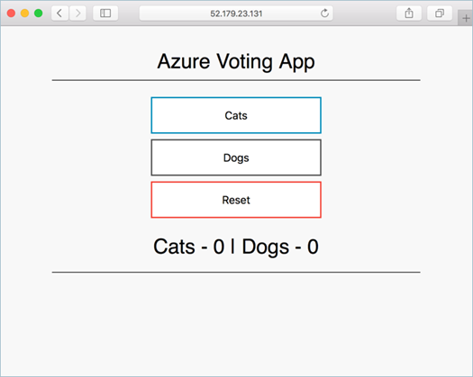 로컬 웹 브라우저에서 열린 AKS 클러스터에서 실행되는 컨테이너 이미지 Azure Voting App을 보여주는 스크린샷