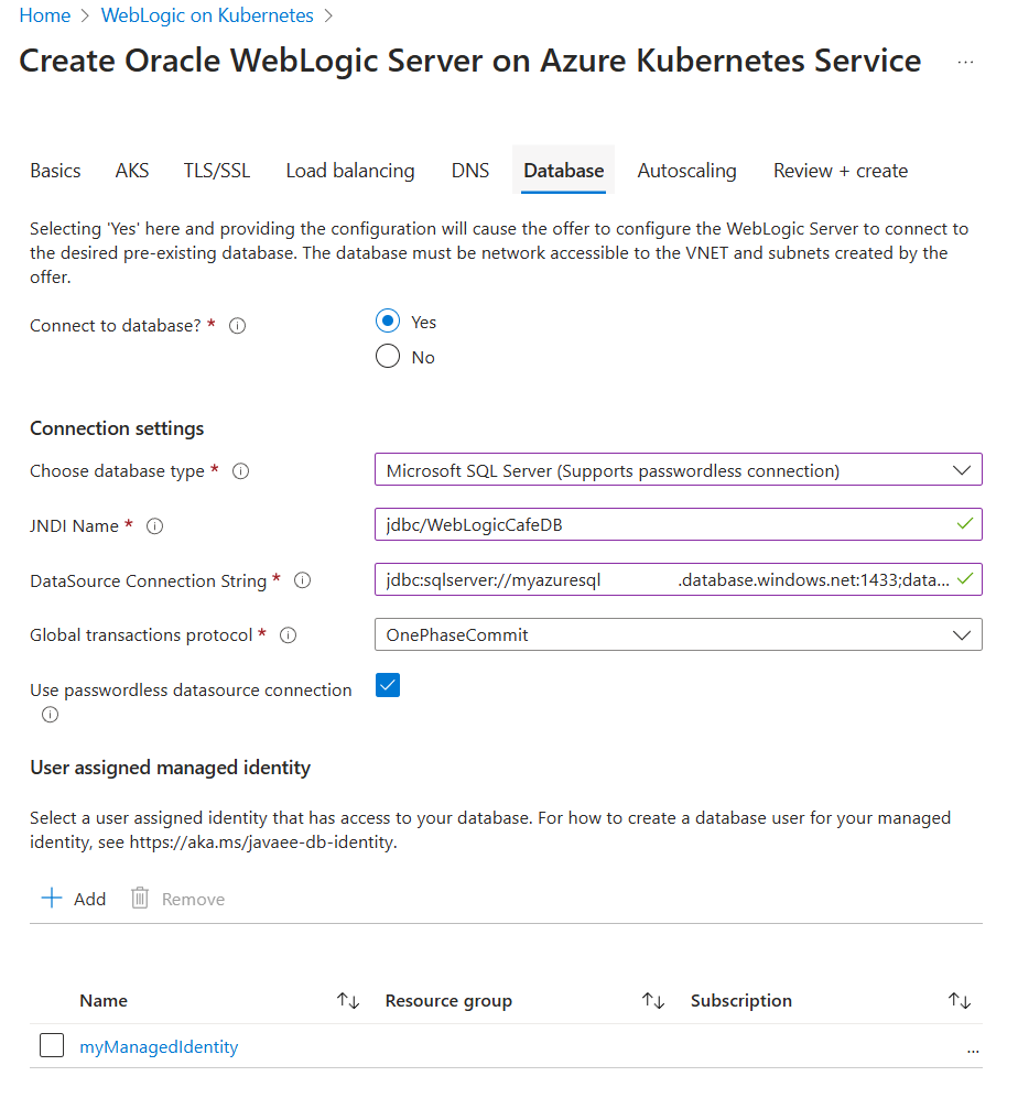Azure Kubernetes Service에서 Oracle WebLogic Server 만들기 페이지의 데이터베이스 탭을 보여 주는 Azure Portal의 스크린샷.