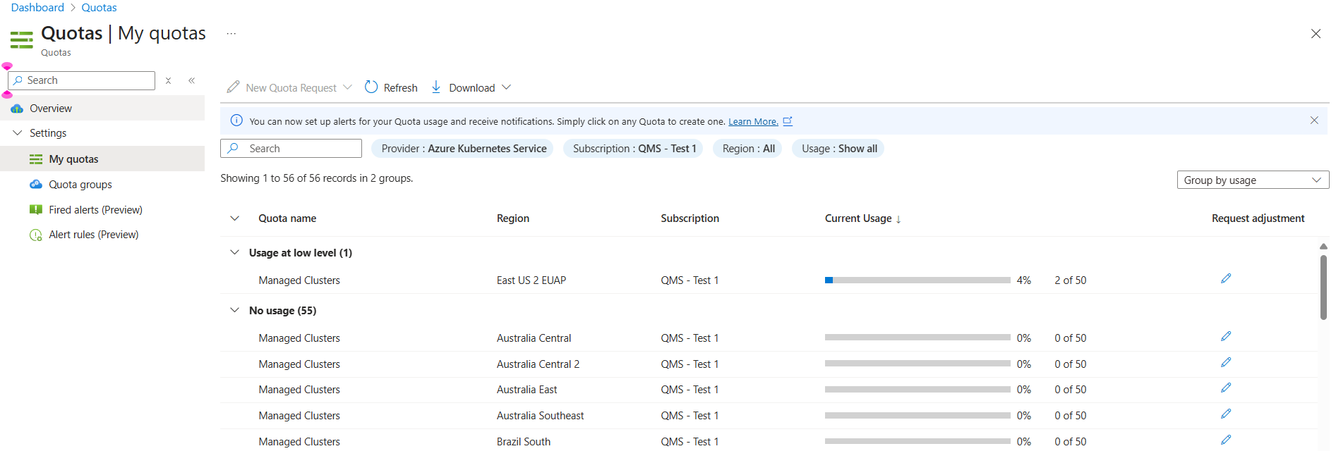 Azure Portal 할당량 페이지의 스크린샷.