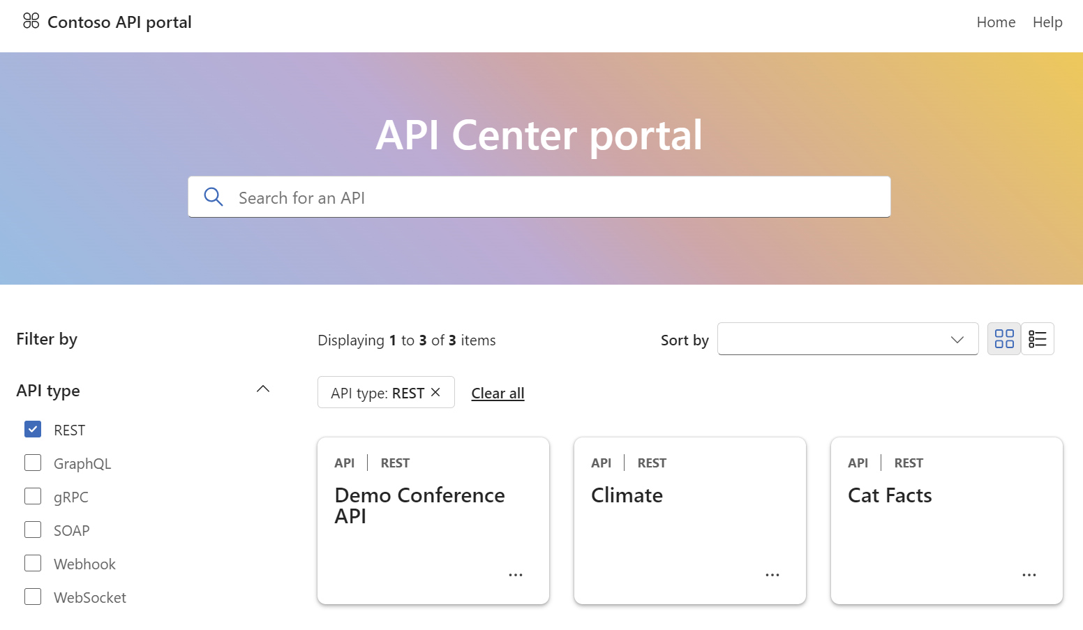 사용자 로그인 후 API Center 포털의 스크린샷.