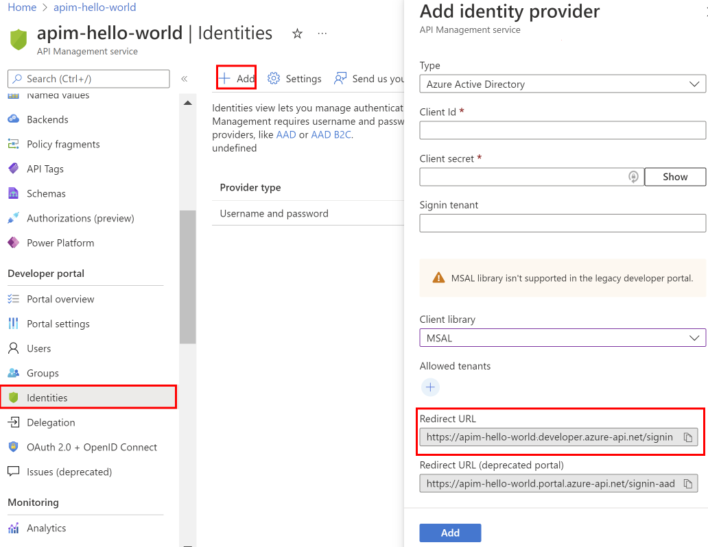 Azure Portal에서 ID 공급자를 추가하는 스크린샷.