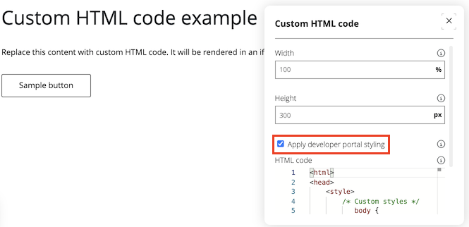 개발자 포털에서 HTML 사용자 지정 코드를 구성하는 방법을 보여 주는 스크린샷