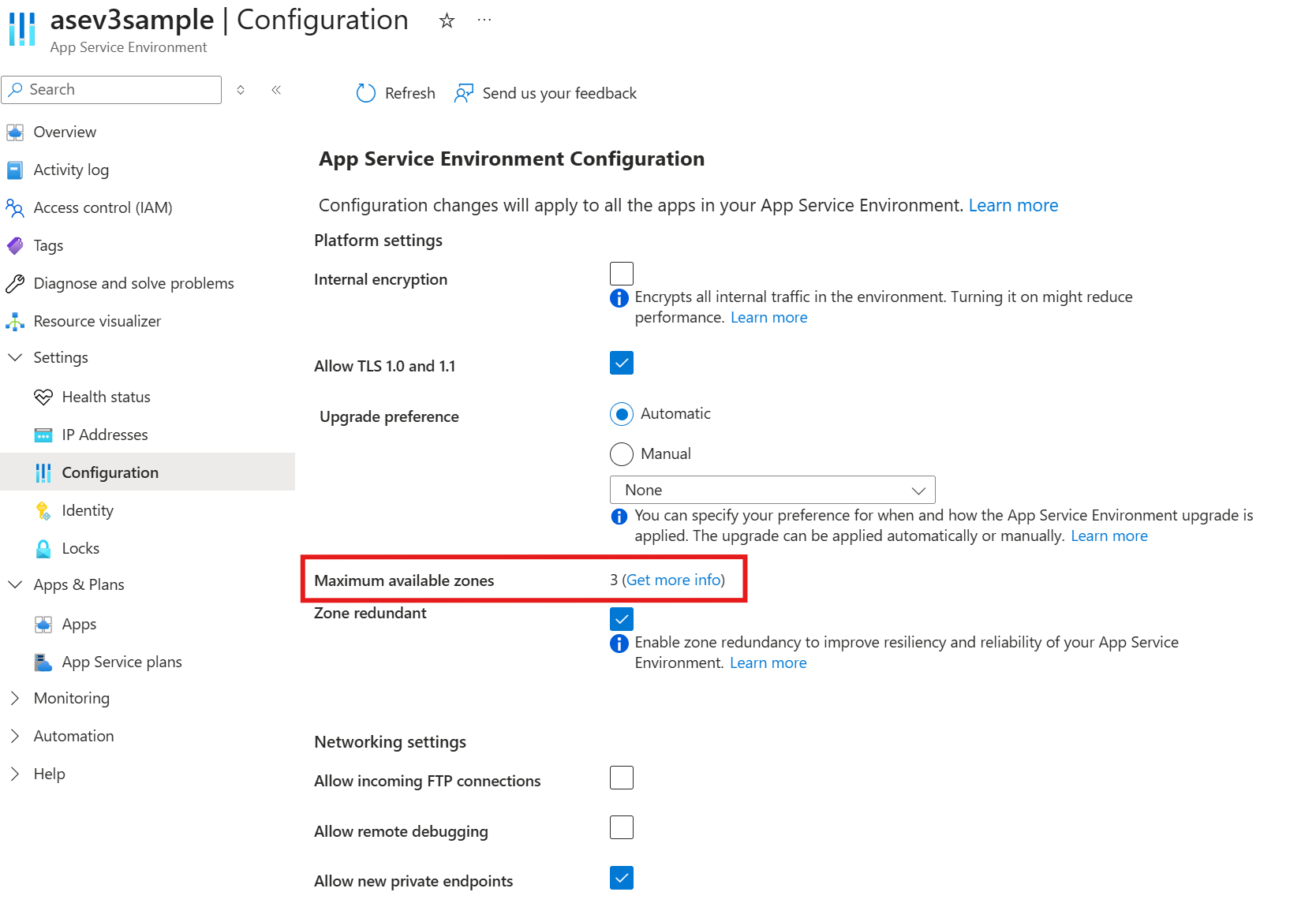 App Service Environment에 대한 Azure portal의 구성 블레이드에 있는 사용 가능한 최대 영역 속성의 스크린샷.
