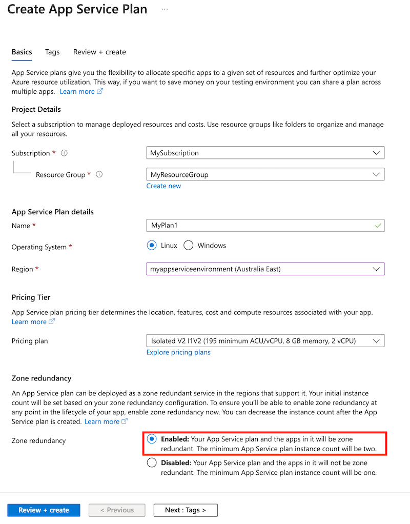 Azure 포털에서 새 App Service 계획을 생성할 때 영역 중복 속성의 스크린샷