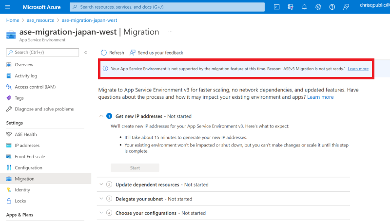 마이그레이션 기능이 App Service Environment를 지원하지 않는다는 예제 포털 메시지를 보여 주는 스크린샷.