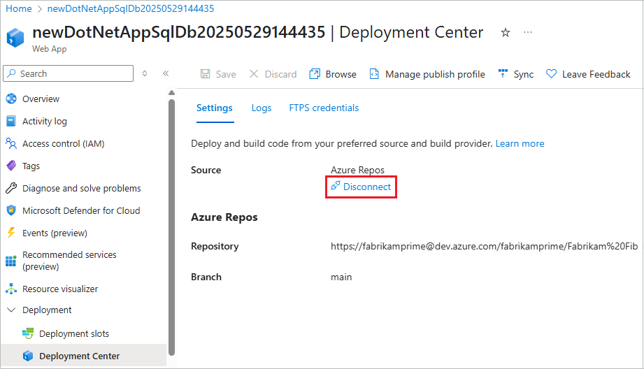 Azure Portal에서 App Service 앱과 클라우드 폴더의 동기화를 해제하는 방법을 보여 주는 스크린샷입니다.