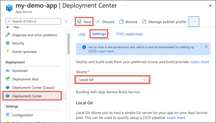 Azure Portal에서 App Service의 로컬 Git 배포를 사용하도록 설정하는 방법을 보여 줍니다.