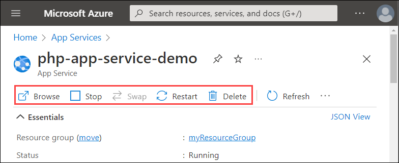 Azure Portal의 App Service 개요 페이지의 스크린샷. 작업 표시줄에서 찾아보기, 중지, 교체(비활성화됨), 다시 시작 및 삭제 단추 그룹이 강조 표시됩니다.