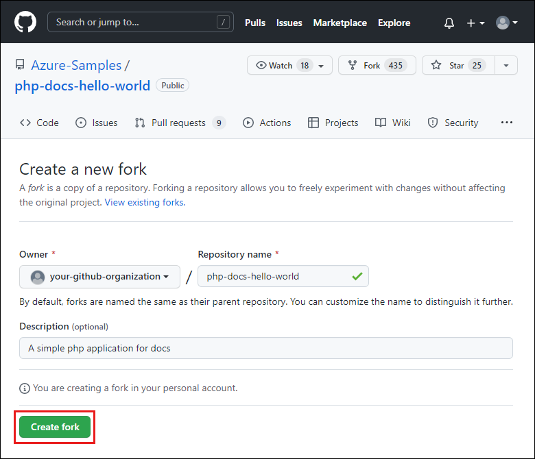 Azure-Samples/php-docs-hello-world의 새 포크를 만들기 위한 GitHub의 새 포크 만들기 페이지의 스크린샷.