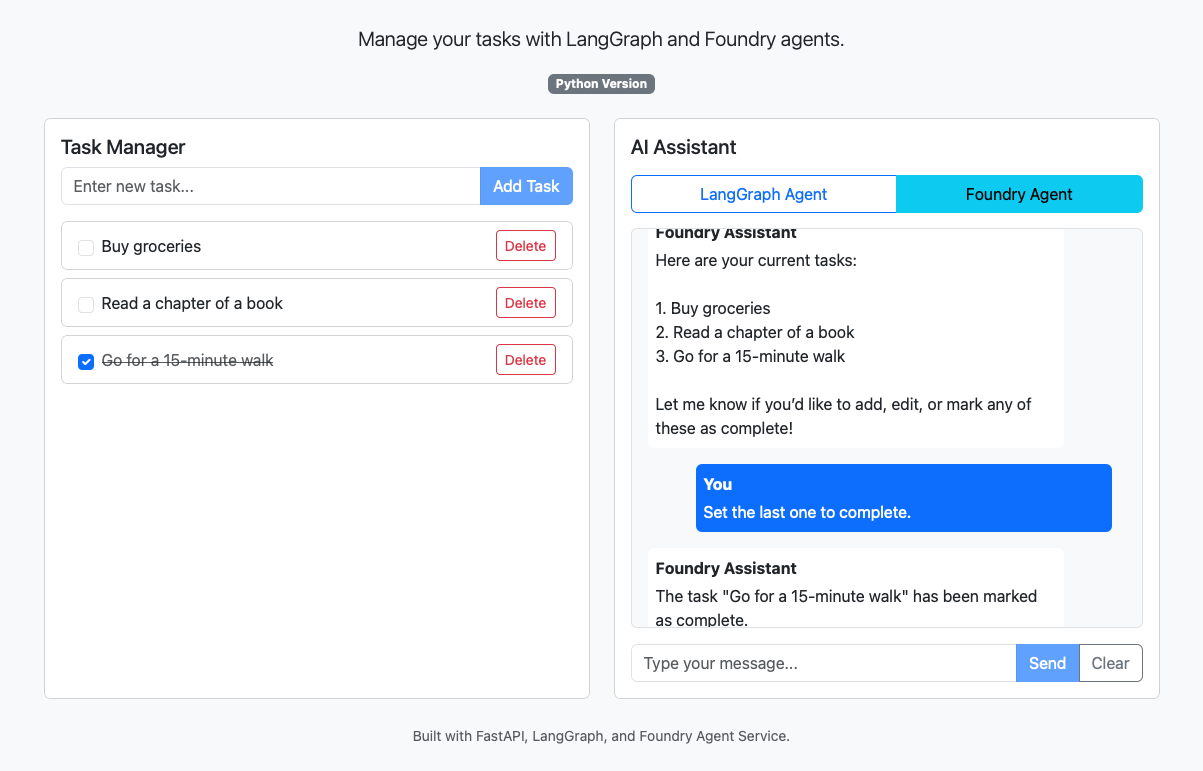 Microsoft Foundry 에이전트를 사용한 채팅 완료 세션의 스크린샷