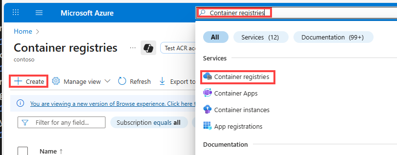 위쪽 도구 모음에서 검색 상자를 사용하여 컨테이너 레지스트리 만들기 마법사를 찾는 방법을 보여 주는 스크린샷.