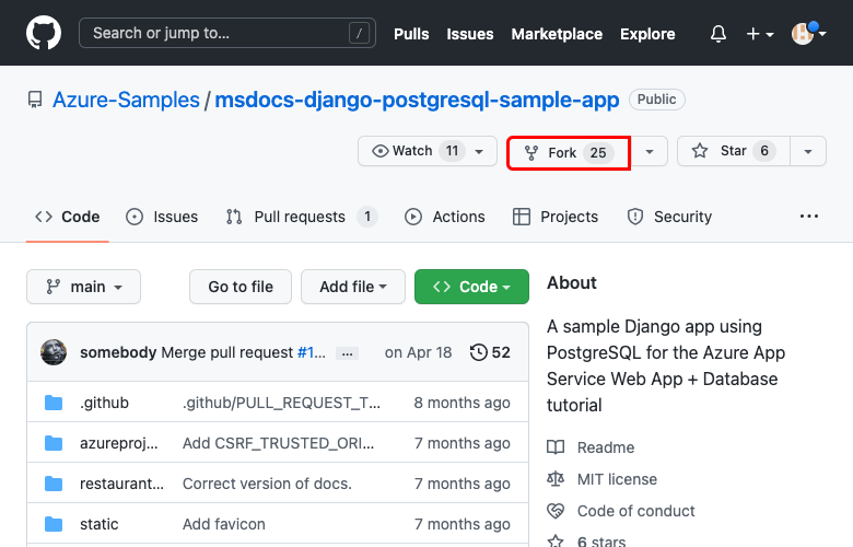 샘플 GitHub 리포지토리의 포크를 만드는 방법을 보여 주는 스크린샷(Django).