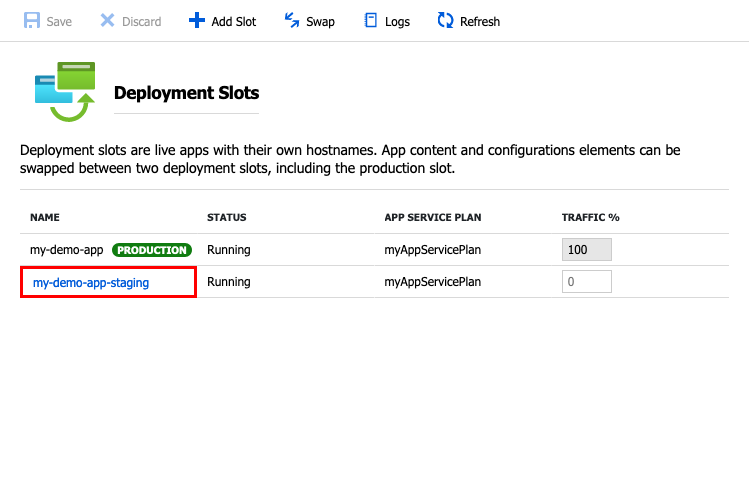 A screenshot that shows how to open deployment slot's management page in the portal.