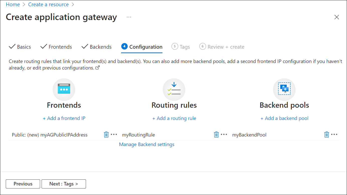 Create new application gateway: routing rule