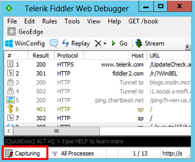 캡처 표시기가 강조 표시된 Fiddler 웹 디버거를 보여 주는 스크린샷.