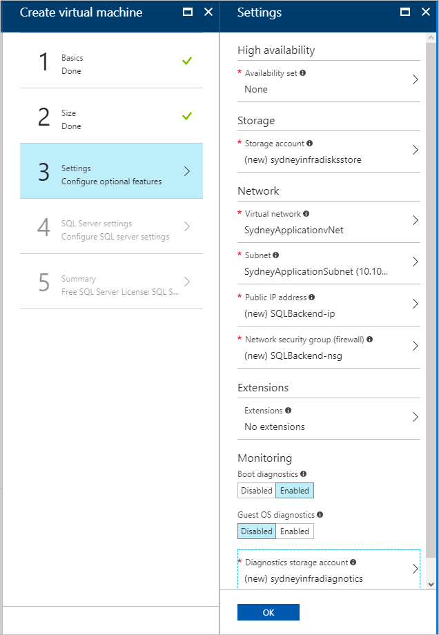 Azure Stack Hub 사용자 포털에서 선택적 VM 기능을 구성하는 방법을 보여 주는 스크린샷