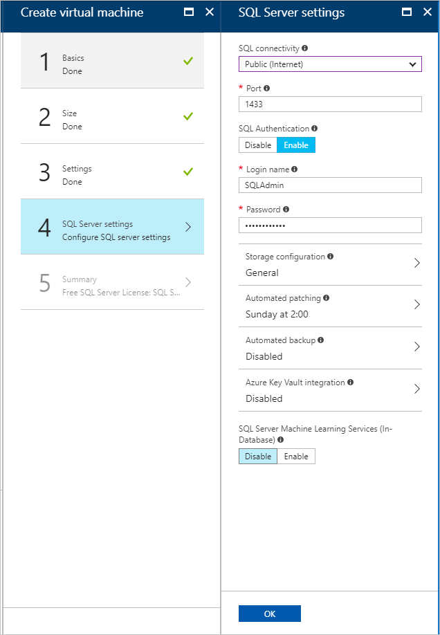 Azure Stack Hub 사용자 포털에서 SQL Server 설정을 구성하는 방법을 보여 주는 스크린샷