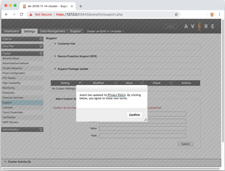 Screenshot showing Avere Control Panel and pop-up window with Confirm button to accept the privacy policy