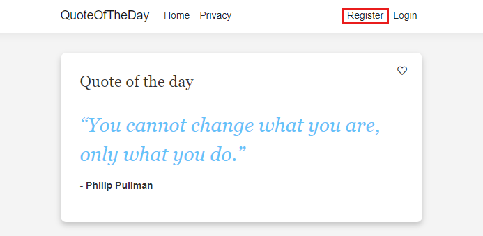 등록을 보여 주는 Quote of the Day 앱 스크린샷.