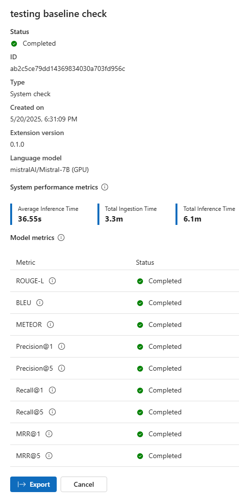 RAG 시스템의 메트릭 및 자세한 성능 분석을 포함하여 평가 결과를 보여 주는 스크린샷.