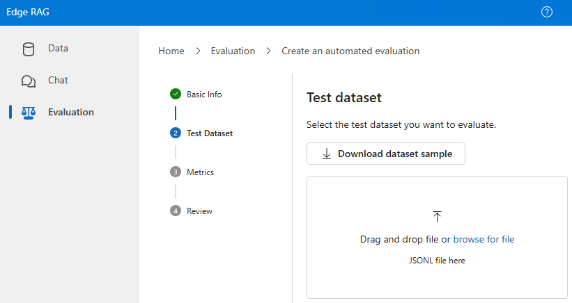 템플릿을 다운로드하고 데이터 세트를 업데이트할 수 있는 테스트 데이터 세트 탭의 스크린샷