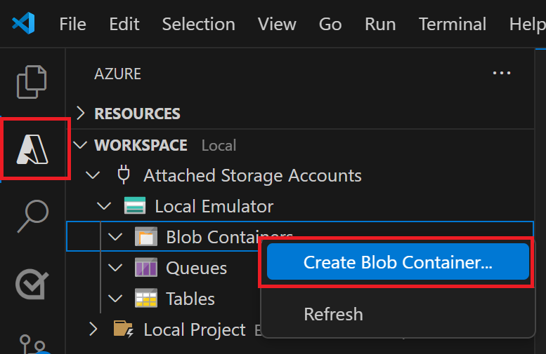 Visual Studio Code의 로컬 에뮬레이션에서 Blob 컨테이너 만들기를 선택하는 방법을 보여 주는 스크린샷.