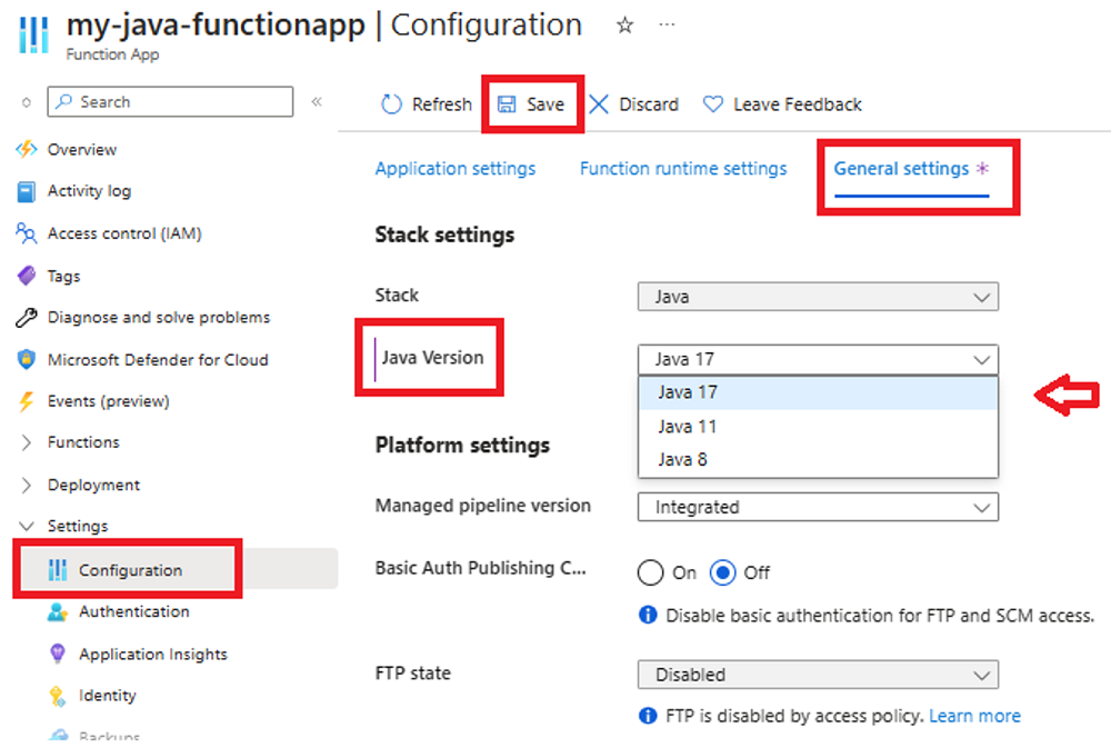 Azure Portal에서 함수 앱에 대해 원하는 Java 버전을 설정하는 방법의 스크린샷.