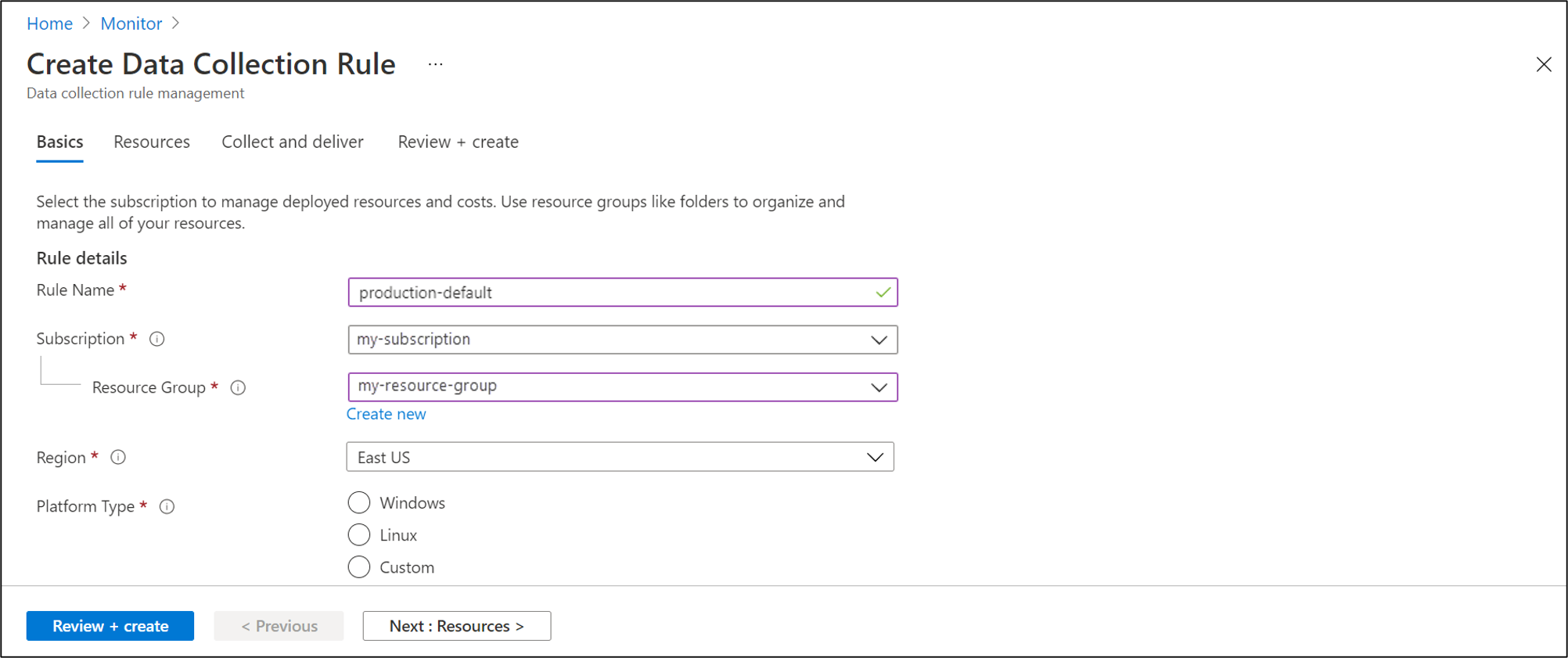 데이터 수집 규칙 화면의 기본 탭을 보여 주는 스크린샷.