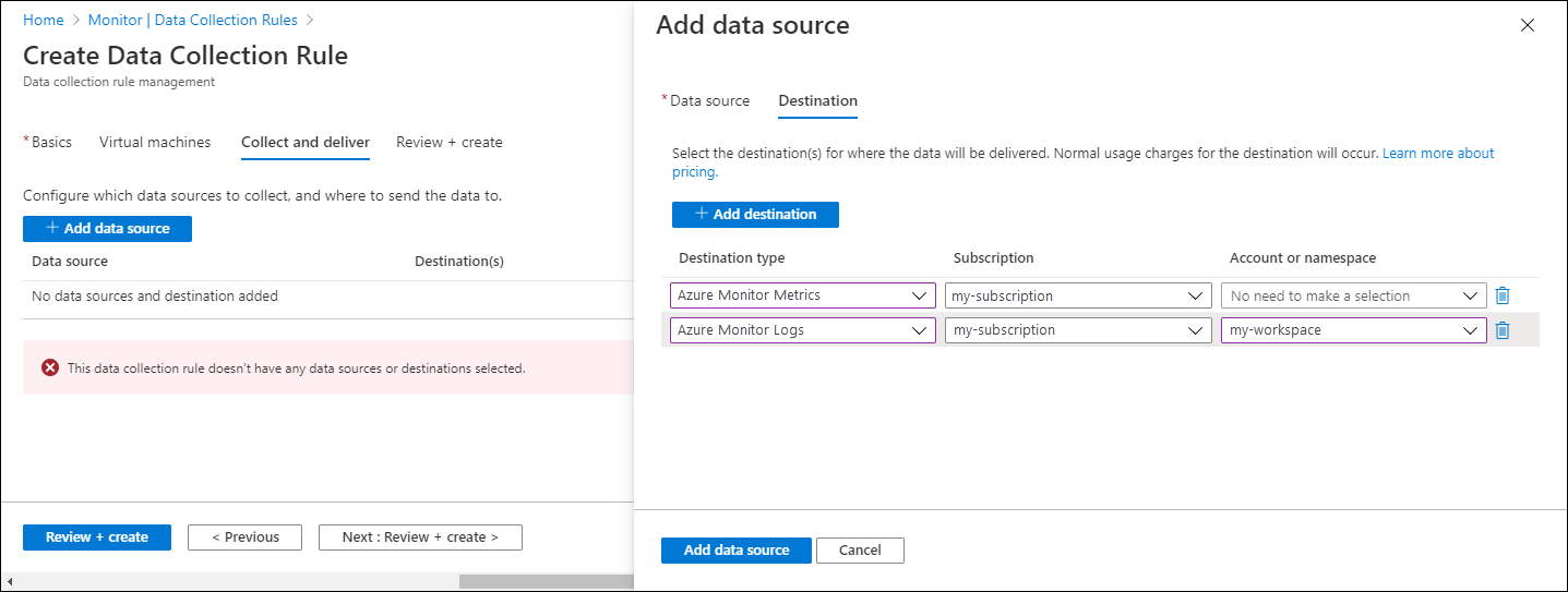 데이터 컬렉션 규칙에서 데이터 원본을 추가하는 Azure Portal 양식을 보여 주는 스크린샷.