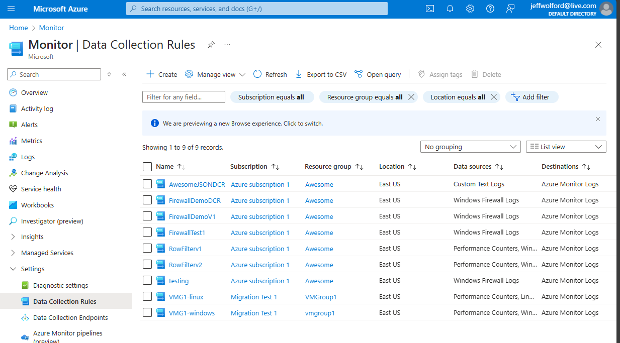 데이터 수집 규칙 화면의 만들기 단추를 보여 주는 스크린샷.