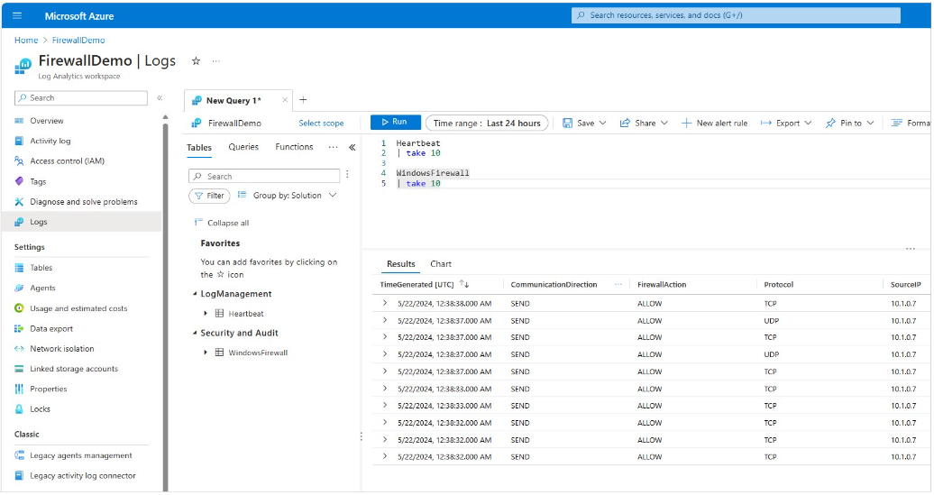 방화벽 로그 쿼리 결과를 보여 주는 스크린샷.