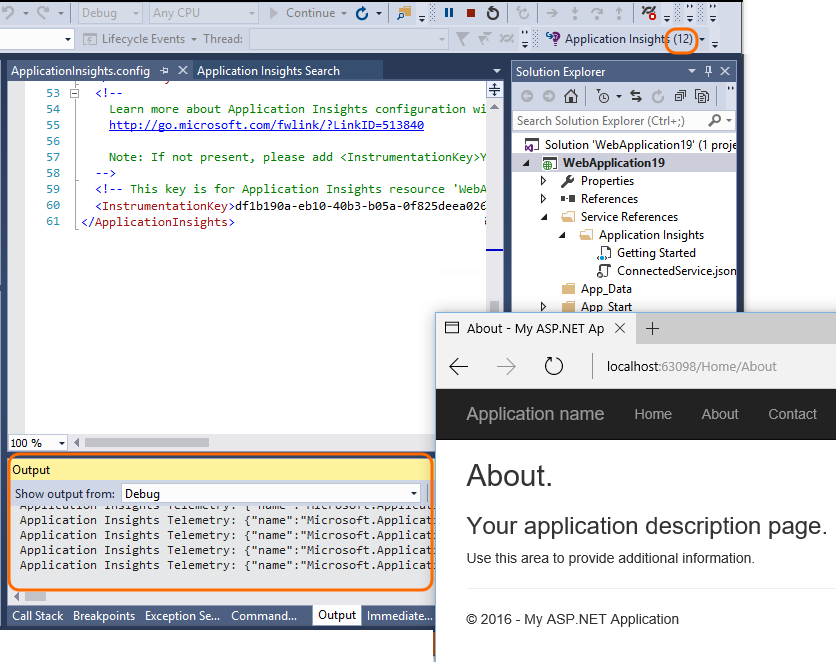 Visual Studio에서 디버그 모드로 실행되는 애플리케이션을 보여 주는 스크린샷