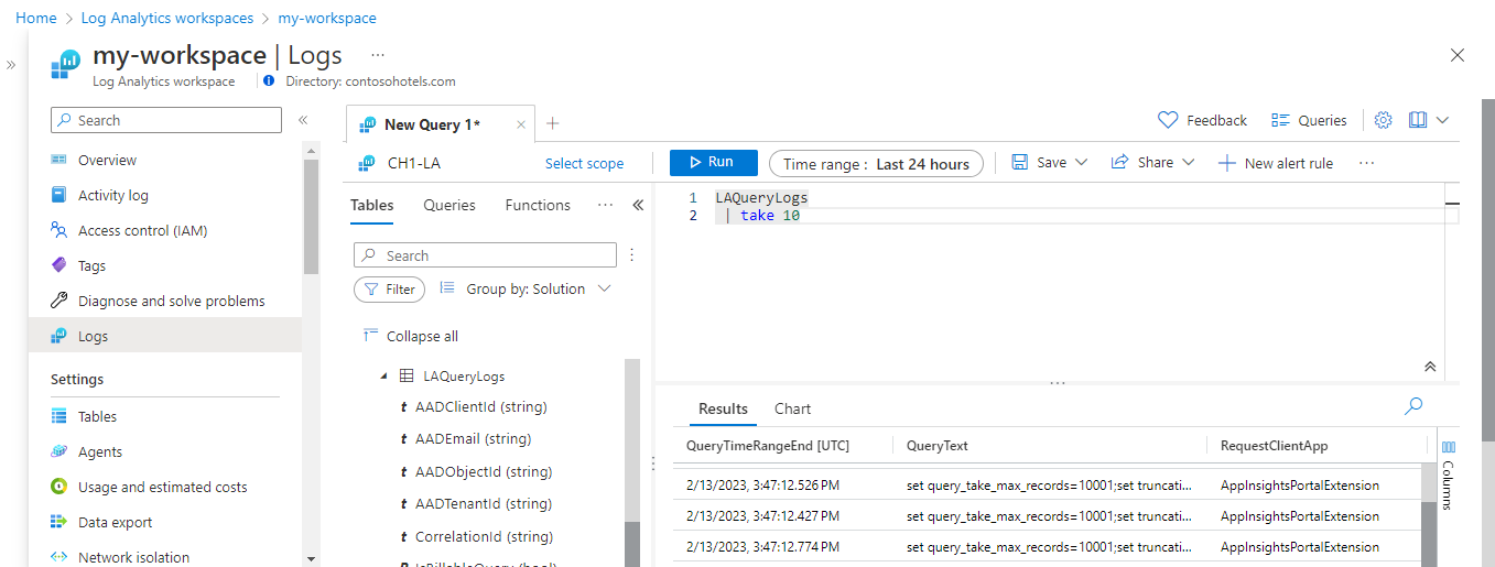Log Analytics의 초기 쿼리 스크린샷