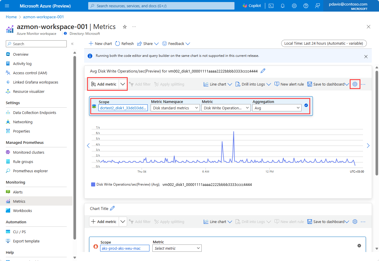 메트릭 탐색기에서 작성기를 사용하여 메트릭을 추가하는 스크린샷