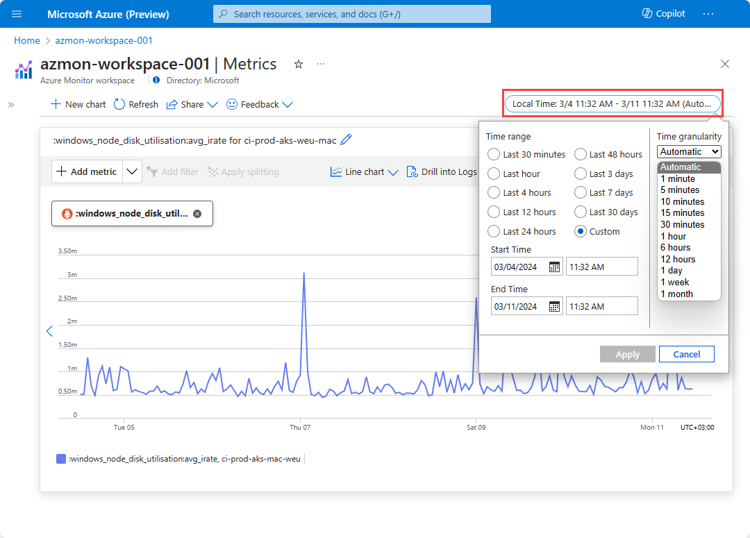 시간 범위 선택기를 보여 주는 스크린샷.