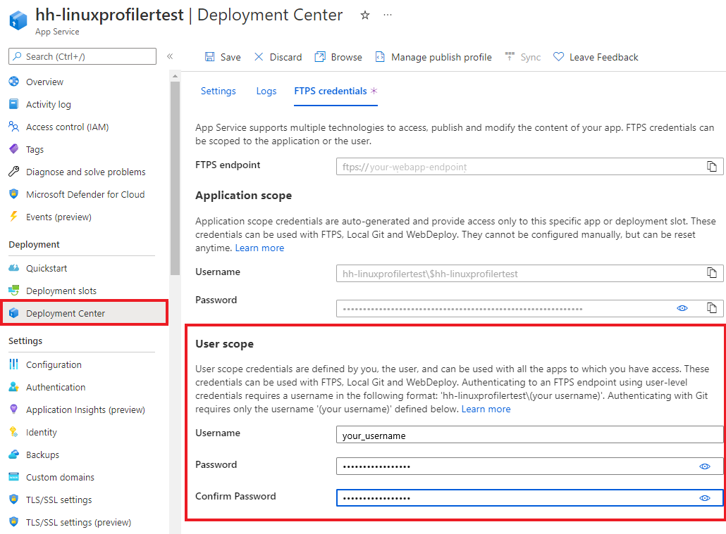 Screenshot that shows creating the deployment credentials.