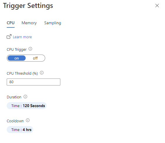 Screenshot that shows the Trigger Settings pane for C P U and Memory triggers.