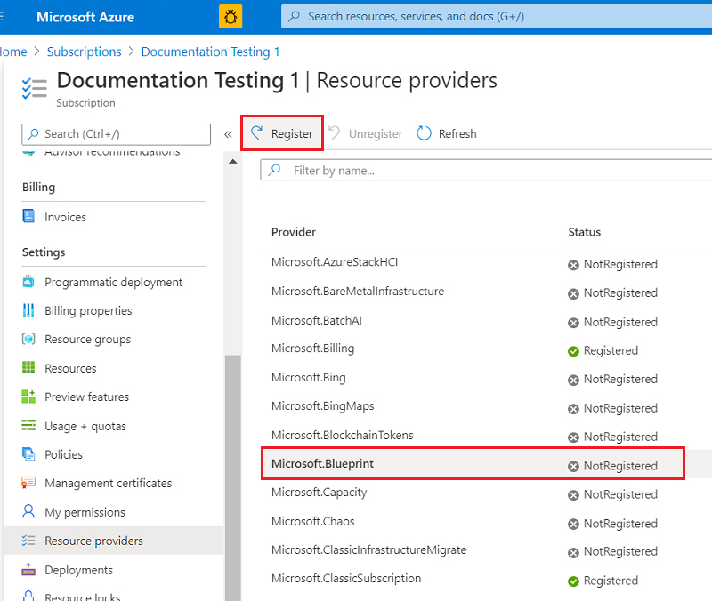 Screenshot of registering a resource provider in the Azure portal.