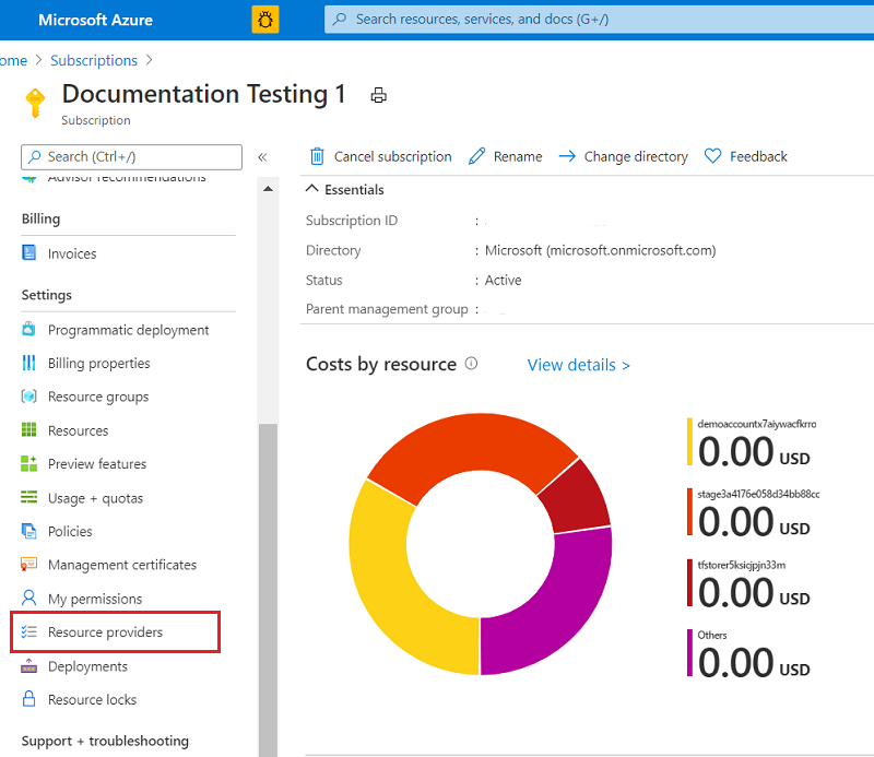 Screenshot of selecting resource providers in the Azure portal.