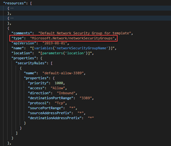 ARM 템플릿에서 네트워크 보안 그룹 정의를 보여 주는 Visual Studio Code의 스크린샷