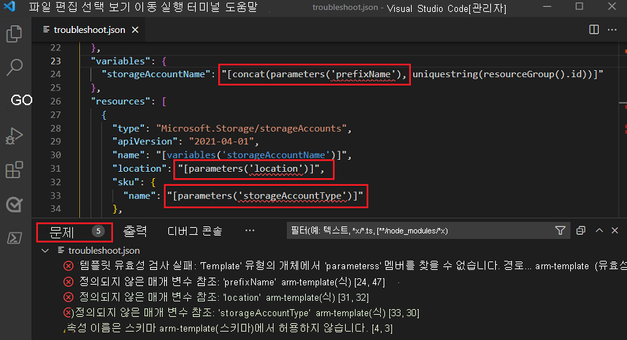 Screenshot of Visual Studio Code showing the Problems tab listing undefined parameter reference errors for 'variables' and 'resources' sections.