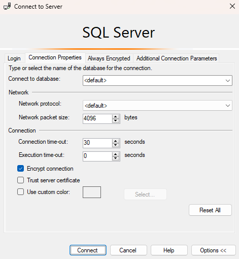 옵션 메뉴의 SSMS 스크린샷.