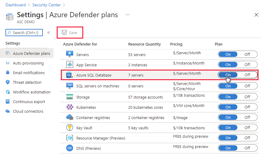 구독 수준에서 Microsoft Defender for Azure SQL Database를 사용하도록 설정.