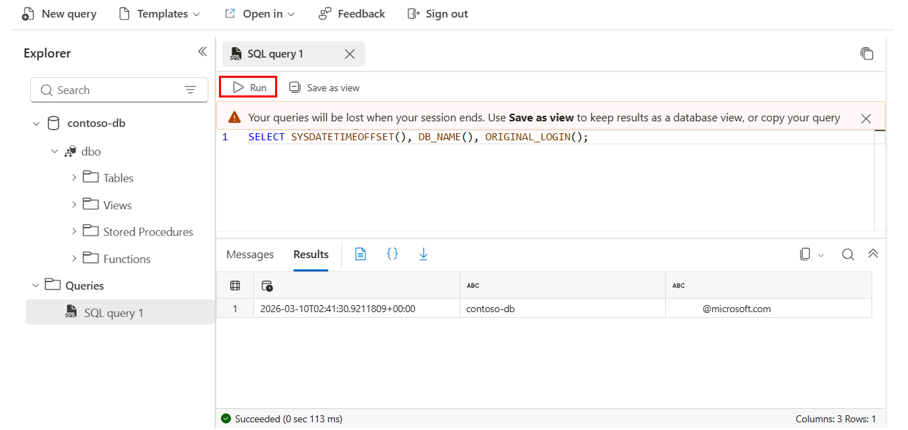 Azure SQL Database에 대한 Azure Portal SQL 쿼리 편집기에서 스크린샷