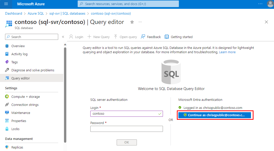 Microsoft Entra 인증을 사용한 로그인을 보여 주는 Azure Portal의 스크린샷.