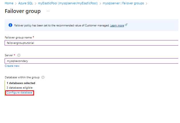 Azure Portal에서 장애 조치(failover) 그룹에 Elastic Pool을 추가하는 스크린샷