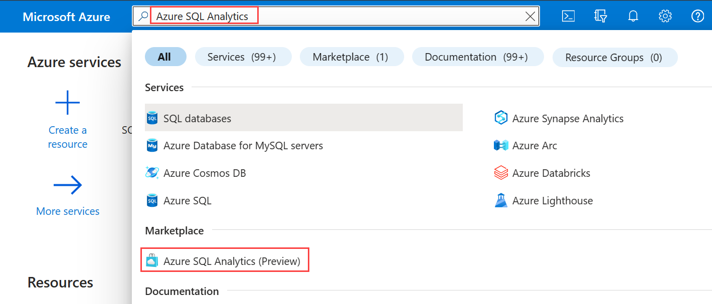 Screenshot showing how to search for Azure SQL Analytics in portal.