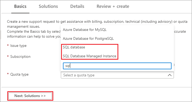 Screenshot of the Azure portal, select a quota type.